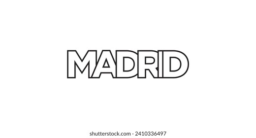 Madrid in the Spain emblem for print and web. Design features geometric style, vector illustration with bold typography in modern font. Graphic slogan lettering isolated on white background.
