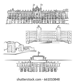 Madrid, Spain, Famous Buildings, Monochrome Outlined Travel Landmarks, Scalable Vector Illustration