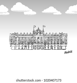 Madrid, Spain famous landmark sketch. Lineart drawing by hand. Greeting card icon with title, vector illustration