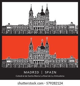 Madrid, Spain. The famous Spanish church. Vector graphic illustration. The Cathedral of Saint Mary the Royal of La Almudena.