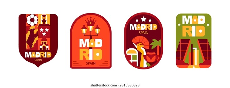Madrid Spain Geometric Badge Set, Colorful Flat Design Stickers with Travel, Architecture, Culture and Landmark Symbols, Vector illustration