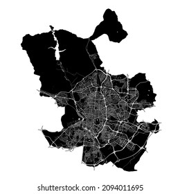 Madrid, Spain, high resolution vector map with city boundaries, and editable paths. The city map was drawn with white areas and lines for main roads, side roads and watercourses on black