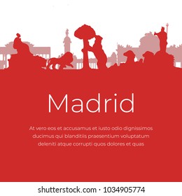 Madrid Spain landmarks and monuments red silhouettes isolated on white background. Banner of the famous buildings of Madrid and architecture, landscape, panorama, landmarks flat vector illustration.