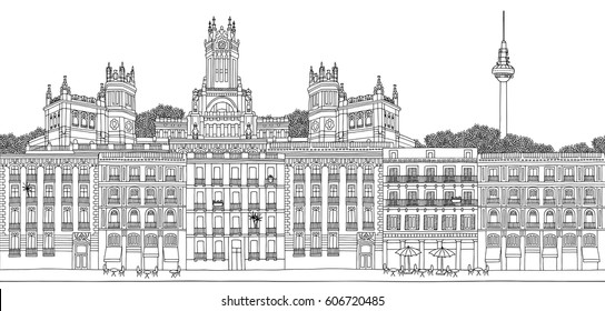 Madrid, Spain - Seamless banner of the city’s skyline, hand drawn black and white illustration