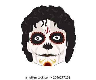 Madrid, Spain - September, 2021:  Michael Jackson singer as Catrina, vector illustration. Portrait of famous “king of pop, as Skeleton skull, Mexican Party “Dia de los muertos” Halloween, Thriller day