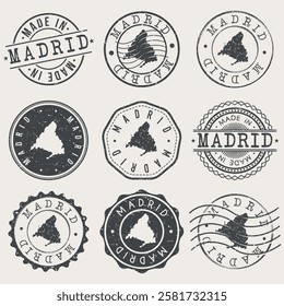 Madrid, Spain Set of Stamps. Country Travel Marks. Made In Product. Design Seals Old Style Insignia.