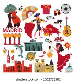 Madrid. Spain. Set of vector icons on isolated background. Bullfighting, flamenco, paella, guitar, football. Flat design