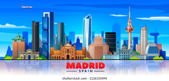 Madrid ( Spain ) skyline with panorama in blu background. Vector Illustration. Business travel and tourism concept with modern buildings. Image for presentation, banner, web site.