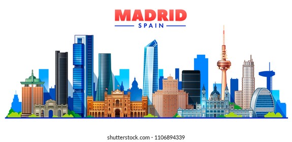 	
Madrid ( Spain ) skyline with panorama in white background. Vector Illustration. Business travel and tourism concept with modern buildings. Image for presentation, banner, web site.