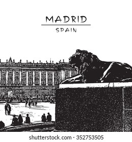 Madrid, Spain. Square in front of Royal Palace with statue of lion. Vector illustration in vintage engraving style.