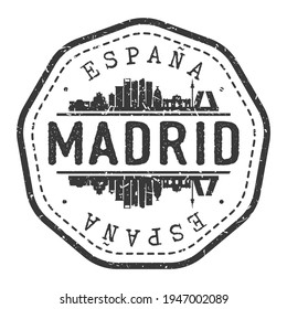 Madrid, España Stamp Skyline Postmark. Silhouette de correo o pasaporte. Icono del vector de la ciudad redonda. Diseño de rehenes vintage.