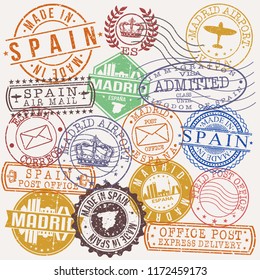 Madrid Spain Stamp Vector Art Postal Passport Travel Design Set Badge Rubber.