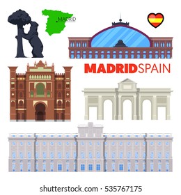 Madrid Spain Travel Doodle with Architecture, Alcala Gate and Flag. Vector illustration