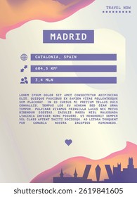 Madrid, Spain vector infographics, brochure layout. Guide, leaflet, flyer, advertising graphic template with text, information, city skyline shape. Page, festival, cover mock up image