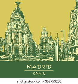 Madrid, Spain. View of Gran Via shopping street in green and yellow colors. Vector illustration in vintage style.