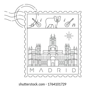 Madrid stamp minimal linear vector illustration and typography design, Spain