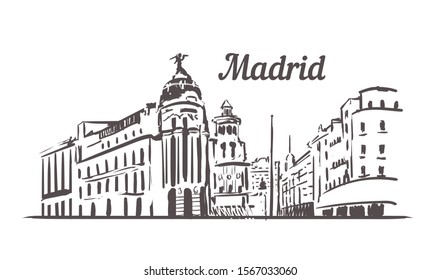 Madrid Street Gran Via skyline sketch. Madrid hand drawn illustration isolated on white background.