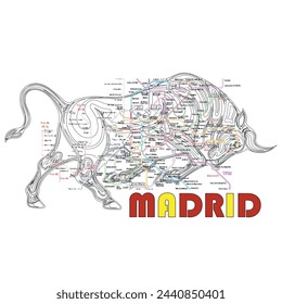 Madrid Subway Lines on Bull Silhouette - graphic print , Abstract fashion drawing and creative design for t-shirts, mugs, graphic tee, sweatshirt, cases, etc. Illustration in modern style for clothes