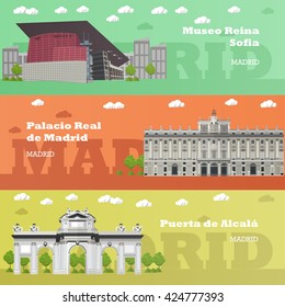 Madrid Tourist Landmark Banners. Vector Illustration With Spain Famous Buildings. Travel To Spain Concept.