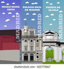 Madrid tourist landmark banners. Vector illustration with Spain famous buildings. Travel to Spain concept.