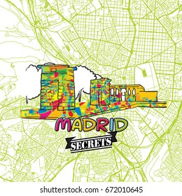 Madrid Travel Secrets Art Map for mapping experts and travel guides. Handmade city logo, typo badge and hand drawn vector image on top are grouped and moveable.