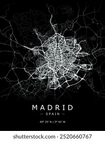 Madrid vector map in black. Detailed map of Madrid city in Spain. Best quality vector illustration. Tourist decorative street map.
