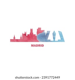 Madrid watercolor cityscape skyline city panorama vector flat modern logo, icon. Spain emblem concept with landmarks and building silhouettes. Isolated graphic