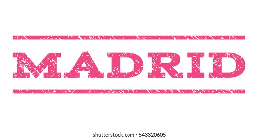 Madrid watermark stamp. Text tag between horizontal parallel lines with grunge design style. Rubber seal stamp with scratched texture. Vector pink color ink imprint on a white background.