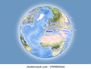 Madrid-España se muestra en el mapa del globo vectorial. El mapa muestra la ubicación de Madrid-España en el mundo.