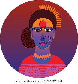 Madubhani Indian traditional art on linen fabrics. beautiful faces for textile printing