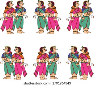 Madubhani Indian traditional art on linen fabrics. beautiful dancer's faces for textile printing It can be used for a coloring book, textile/ fabric prints, phone case, greeting card. logo, calendar. 