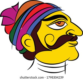 Madubhani Indian traditional art on linen fabrics. beautiful colorful faces for textile printing It can be used for a coloring book, textile/ fabric prints, phone case, greeting card. logo, calendar.

