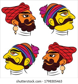 Madubhani Indian traditional art on linen fabrics. beautiful colorful faces for textile printing It can be used for a coloring book, textile/ fabric prints, phone case, greeting card. logo, calendar.