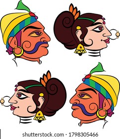 Madubhani Indian traditional art on linen fabrics. beautiful colorful faces for textile printing It can be used for a coloring book, textile/ fabric prints, phone case, greeting card. logo, calendar.