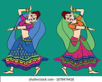 Madubhani Indian traditional art on linen fabrics. beautiful dancers, for textile printing