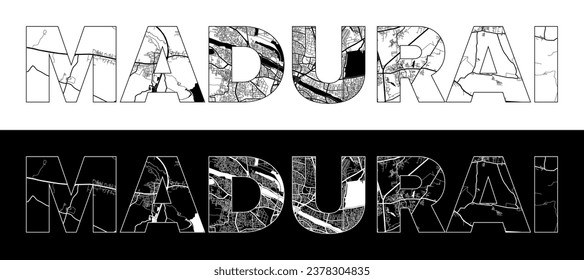 Madurai City Name (India, Asia) with black white city map illustration vector