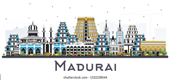 Madurai India City Skyline with Color Buildings Isolated on White. Vector Illustration. Business Travel and Concept with Historic Architecture. Madurai Cityscape with Landmarks.