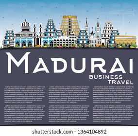 Madurai India City Skyline with Color Buildings, Blue Sky and Copy Space. Vector Illustration. Business Travel and Concept with Historic Architecture. Madurai Cityscape with Landmarks. 