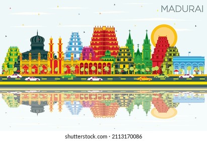 Madurai India City Skyline with Color Buildings, Blue Sky and Reflections. Vector Illustration. Business Travel and Concept with Historic Architecture. Madurai Cityscape with Landmarks.