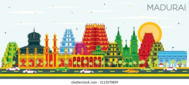 Madurai India City Skyline with Color Buildings and Blue Sky. Vector Illustration. Business Travel and Concept with Historic Architecture. Madurai Cityscape with Landmarks.