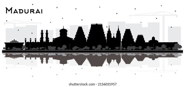 Madurai India City Skyline Silhouette with Black Buildings and Reflections Isolated on White. Vector Illustration. Travel and Concept with Historic Architecture. Madurai Cityscape with Landmarks.