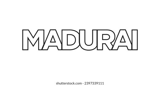 Madurai in Indien Emblem für Druck und Web. Das Design zeichnet sich durch geometrischen Stil, Vektorgrafik mit gewagter Typografie in moderner Schrift aus. Grafische Slogan-Schrift einzeln auf weißem Hintergrund.