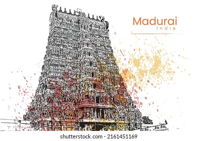 Madurai Meenakshi amman kovil temple vector illustration hand drawing south India Madurai