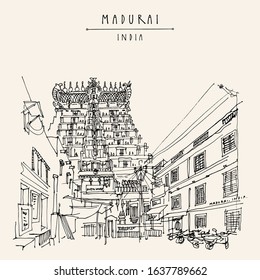 Madurai, Tamil Nadu, South India. Meenakshi temple. Artistic hand drawing. Hindu temple, sacred place. Asian travel sketch. Vintage hand drawn postcard, poster. EPS 10 vector illustration