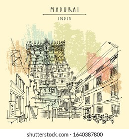 Madurai, Tamil Nadu, South India. Meenakshi temple. Artistic hand drawing. Hindu temple, sacred place. Asian travel sketch. Vintage hand drawn postcard, poster. EPS 10 vector illustration