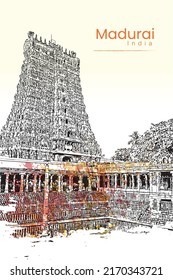 Madurai, Tamil Nadu, South India. Meenakshi temple. Artistic hand drawing. Hindu temple.