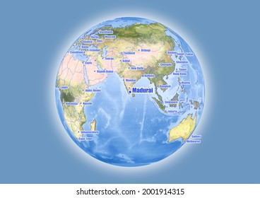 Madurai-India is shown on vector globe map. The map shows Madurai-India 's location in the world.