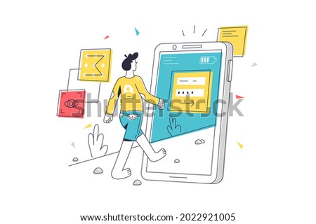 Mae character enter phone through screen. Vector smartphone size as person linear art style. Technology development, modern world concept