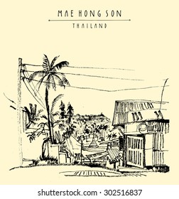 Mae Hong Son, Thailand, Southeast Asia. Downtown. Traditional Northern Thai wooden house, palm trees, electric wires. Travel postcard banner poster template with hand lettering. Vector illustration