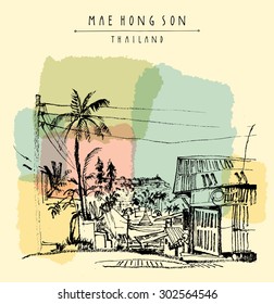 Mae Hong Son, Thailand, Southeast Asia. Downtown. Traditional Northern Thai wooden house, palm trees, electric wires. Travel postcard banner poster template. Copy space, hand lettering. Vector